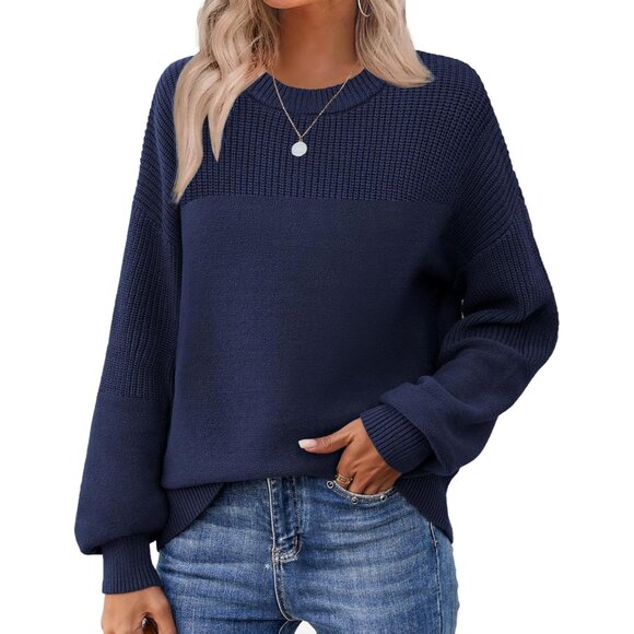 Stylish Navy Blue Women's Crewneck Knit Sweater - Perfect for Winter Layers